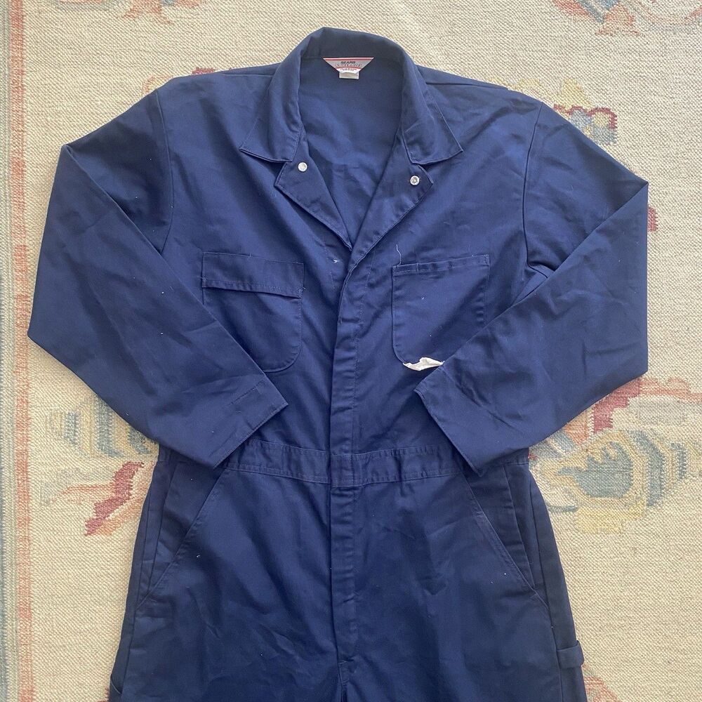Vintage 80s Sears Coveralls 44T Made in USA Navy Blue Tall Jumpsuit Workwear